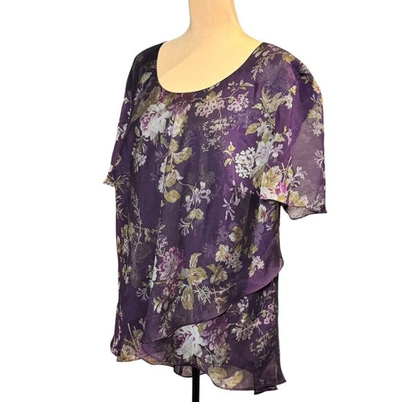 R & M Richards Womens Dark Floral Top Sz.XXL Purple Chiffon Party Office Boho - Picture 4 of 9